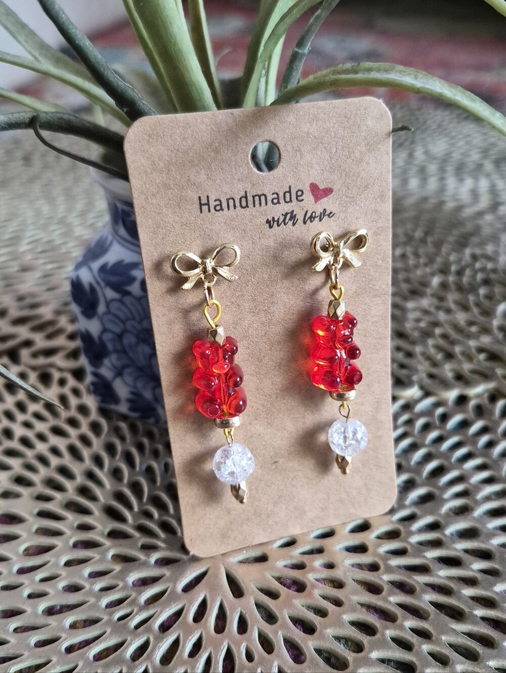 Handmade Red Gummy Bear Drop Earrings with Gold Bows